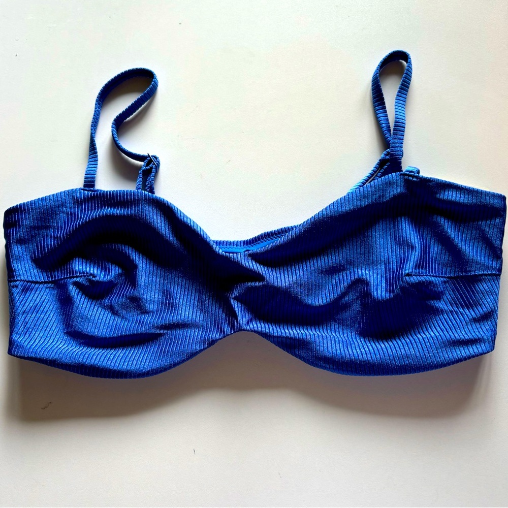 NWT Aerie Swim Shine Rib Bandeau Top XXL Scoop Royal Blue Spaghetti Straps New